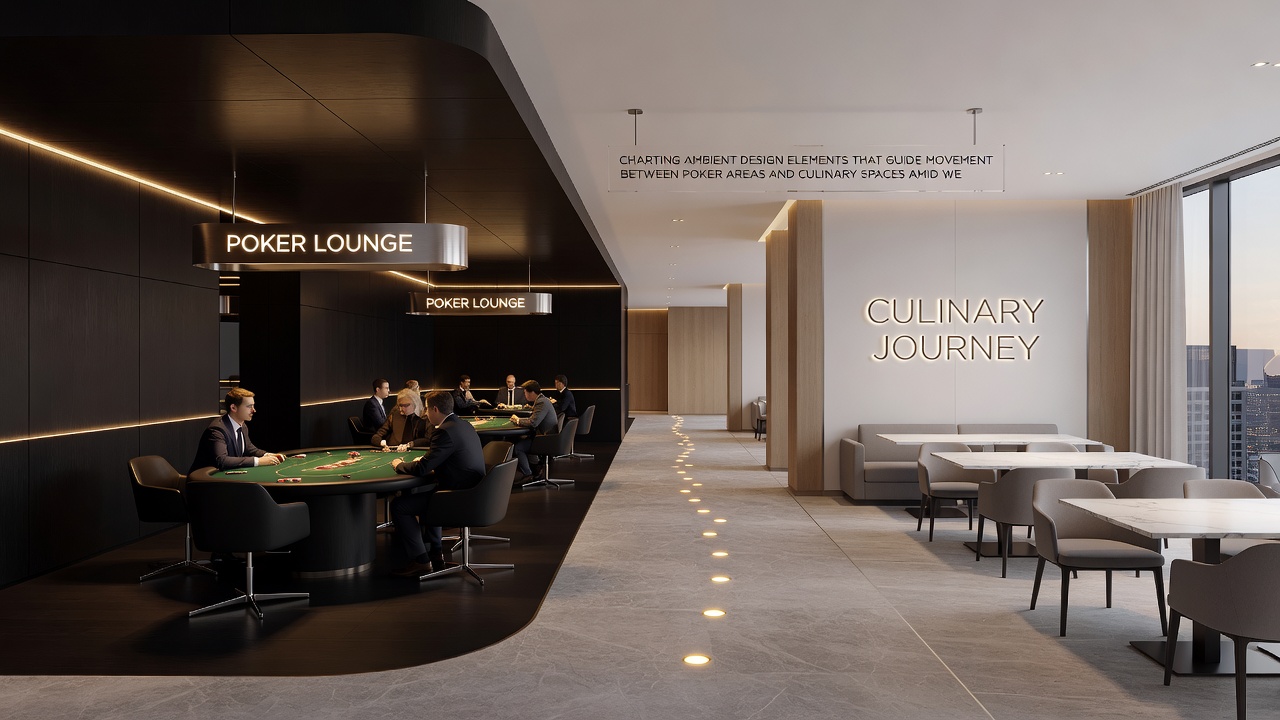 Soundscape and pathway design guiding movement between poker tables and dining suites in Rhine venues