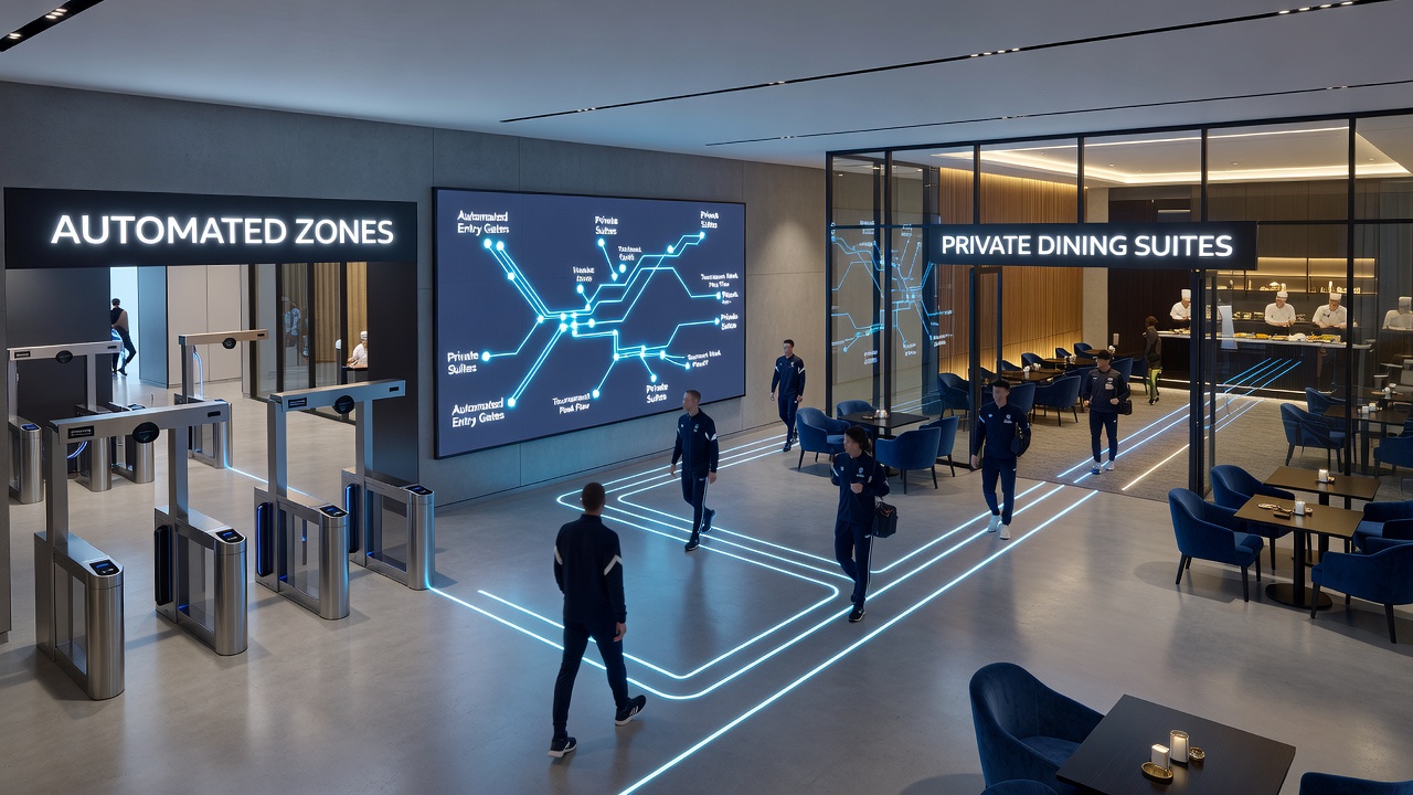 Detailansicht eines Übergangsbereichs zwischen Automaten und VIP-Suiten in einem Casino am Rhein