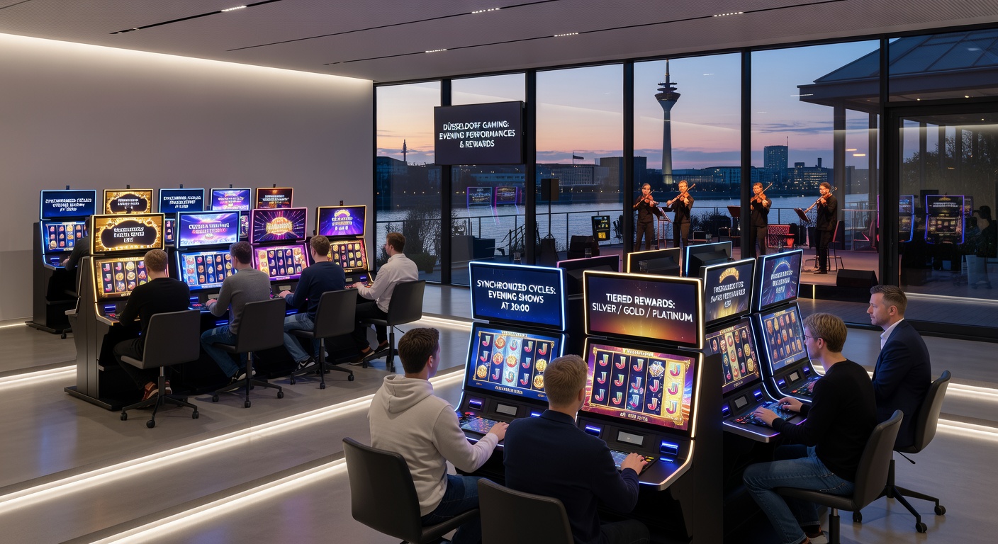 Innenansicht des Veranstaltungsbereichs mit gestaffelten Belohnungszonen und laufenden Abendshows im Casino Düsseldorf